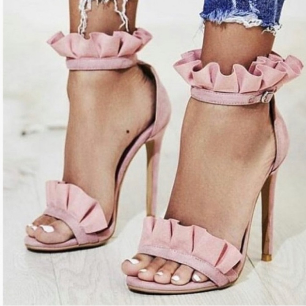 Suede Ankle Strap Open Toe Stiletto Ruffle Sandals